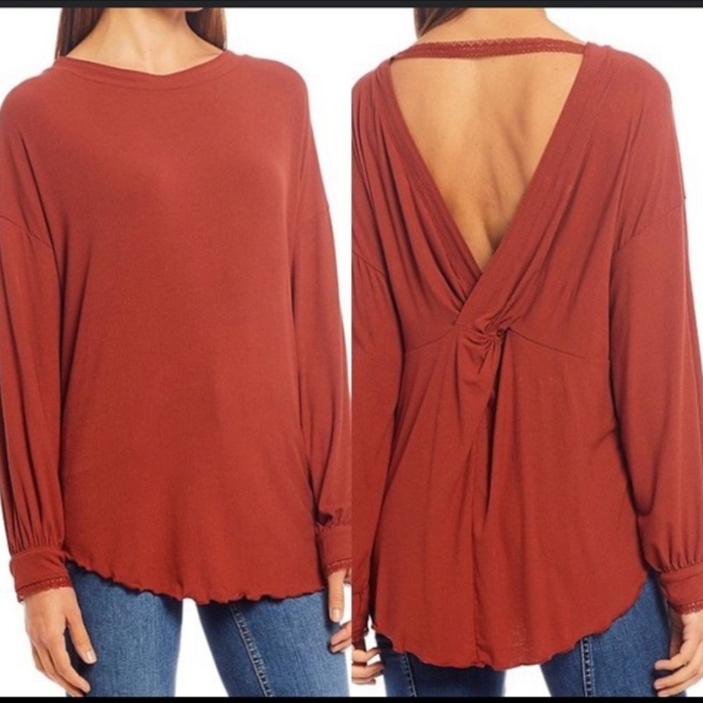 Free‎ People women S shimmy shake v-back lettuce edge top long sleeve whimsical